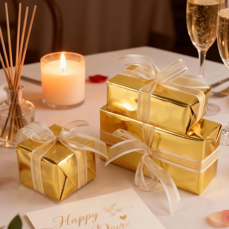 Donyang Gold Wrapping Paper, 17inch x 33ft Solid Color Metallic Lustre Paper, Gold Gift Wrapping Paper with Grid Cutting Lines Perfect for Christmas, Birthday, Wedding, Valentine, Baby Shower, Arts & Crafts - Image 2